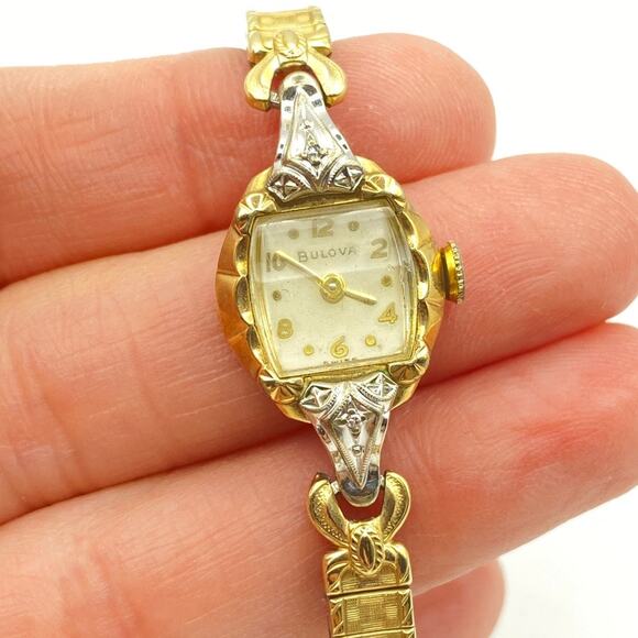 WORKING 1953 Bulova 10k RGP 2 Diamonds 17 Jewel Ladies Mechanical Wristwatch L3 - Picture 1 of 7